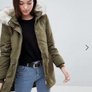 Parka with Faux Fur Hood - Dark olive size M